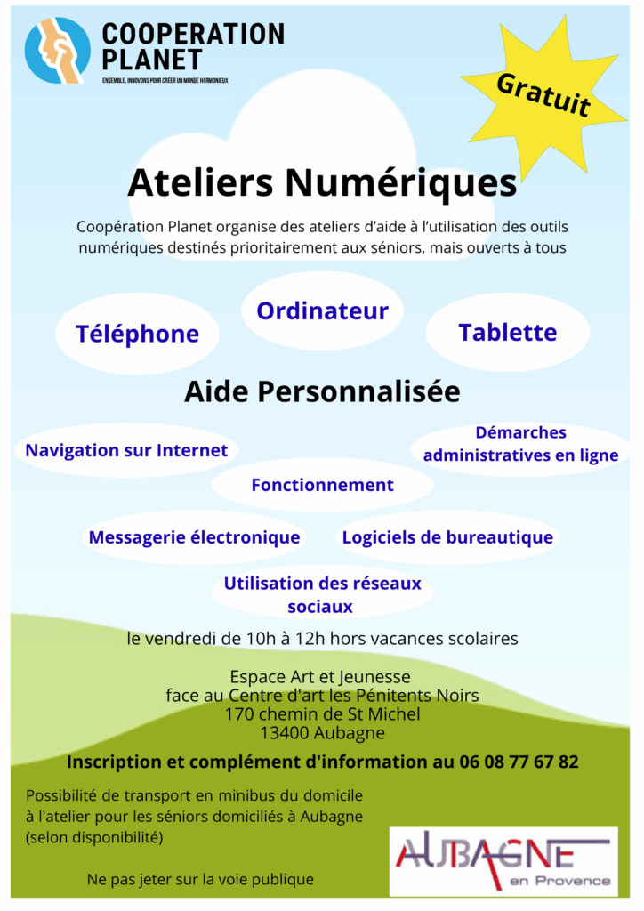 Flyer des ateliers numériques gratuits de Cooperation Planet